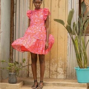 Anthropologie $295  Caballero Dress Pink Flower Cotton Floral Print Ruffle